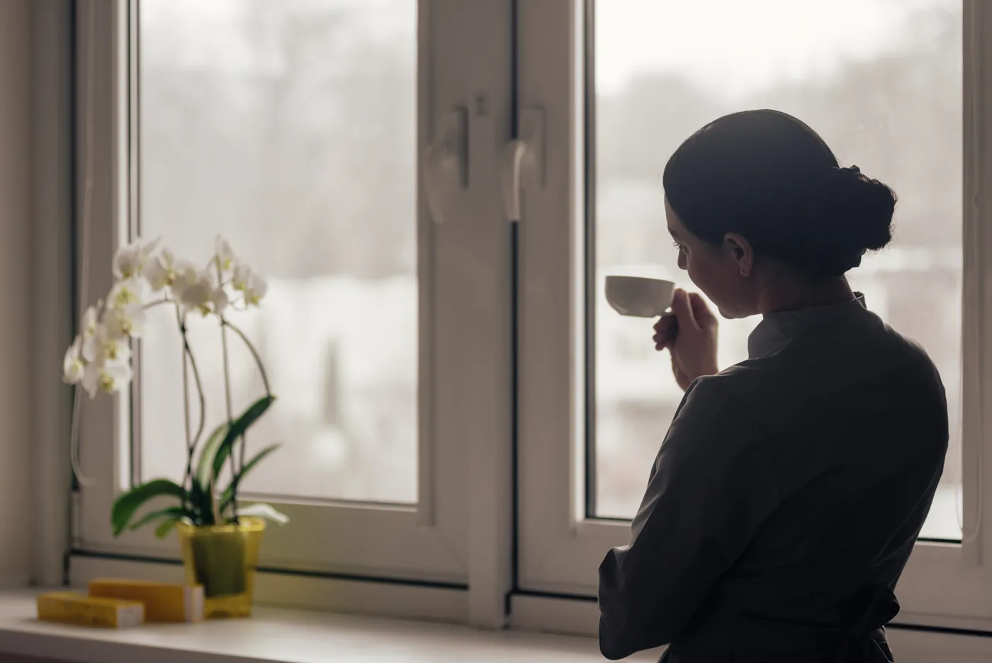 A woman stands at a tall window with a cup, looking out, an orchid on the sill